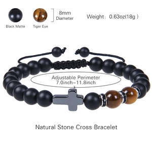 8mm black matte and tiger eye stone cross bracelet with adjustable woven cord strap