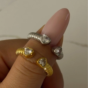 Heart Shaped Zircon Adjustable Ring Stainless Steel Spiral Texture Waterproof Non Tarnish Minimalist Jewelry For Women