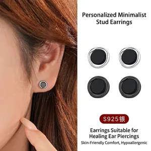 Minimalist 925 Sterling Silver Black Agate Round Stud Earrings For Women Elegant Geometric Onyx Inlaid Fashion Jewelry