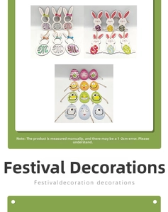 Detail of wooden Easter egg and rabbit ornaments with cartoon patterns and hanging loops