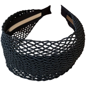 Minimalist black woven headband with intricate hollow mesh pattern for modern hair styling