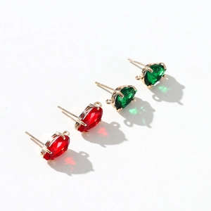 14k gold plated marquise zircon stud earrings in red and green gemstones for DIY jewelry