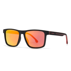 Classic black square frame TR sunglasses with orange mirrored lenses and red side accents