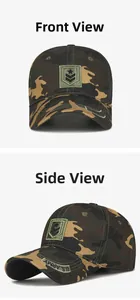 Detailed front and side view of jungle camouflage baseball cap with U.S. ARMY embroidery