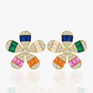 925 Sterling Silver Colorful Zirconia Daisy Flower Stud Earrings For Women Luxurious Multi-Color Pave Zirconia Small Floral Earrings Fine Jewelry Gift