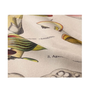 Close-up of vintage mushroom botanical print on premium linen fabric texture