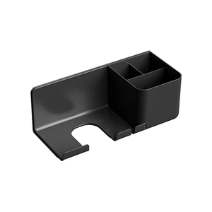 Wall-mounted matte black hair dryer holder and bathroom organizer with multi-slot storage
