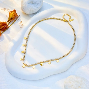 Gold-plated tennis chain necklace with sparkling zircon stars and adjustable clasp