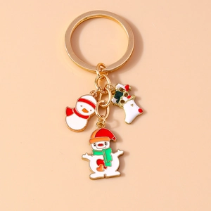 Detail of Christmas keychain with festive enamel snowman, duck, and stocking charms