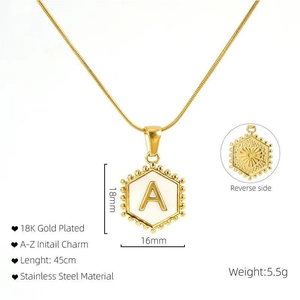Detail view of 18K gold plated letter A pendant with dimensions and reverse side features