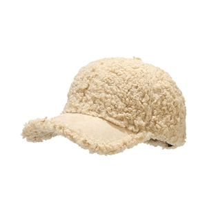 Beige faux shearling baseball cap for women with textured teddy fleece and warm brim