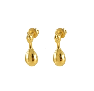 Macro shot of minimalist gold teardrop earrings with twisted texture in stainless steel