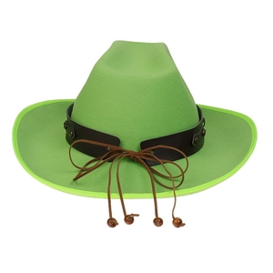 Close-up of wool felt western cowboy hat with studded leather band and wooden beads