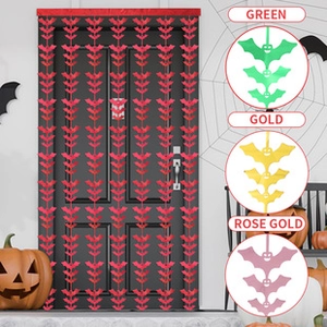 Detailed view of red bat-shaped Halloween foil fringe curtain for festive door decor