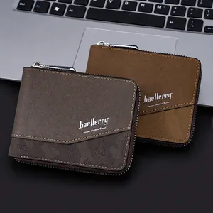 Baellerry men's short leather wallet with camo texture and L-shaped zipper closure