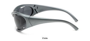 Side view of gray Y2K sports sunglasses with aerodynamic frame and dark lenses