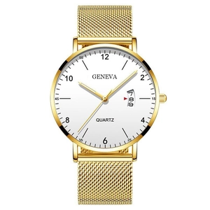Men's business quartz watch with golden mesh strap and date window on white dial