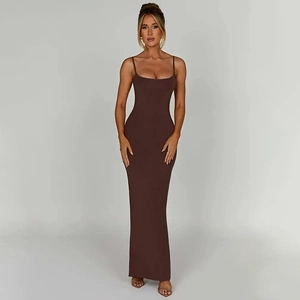 Detailed close-up of dark brown bodycon maxi dress with thin straps and sleek fabric