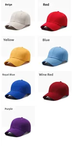 Detailed view showing a palette of seven solid colored cotton baseball caps in a grid layout