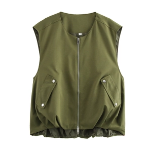 Chaleco para mujer verde militar con cuello en V, cremallera y bolsillos cargo