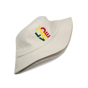 Beige cotton bucket hat with one LOVE print for outdoor sun protection and travel gear