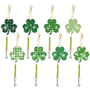 8-piece St. Patrick's Day DIY diamond painting shamrock charms with green beads and tassels