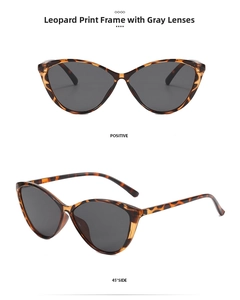 Detail view of stylish leopard print cat-eye sunglasses with dark grey lenses in 45-degree angle
