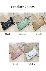Detail showing five colors of small underarm bags with elegant floral embroidery