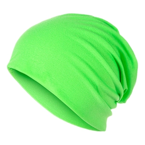Detailed view of the neon green knit beanie with soft fabric texture and slouchy design