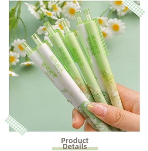 Close-up of Matcha Party themed retractable gel pens with cute floral patterns