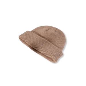 Close-up of khaki knit beanie texture showing detailed thick weave and warm winter fabric
