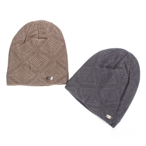 Winter knitted beanies for men with geometric textured pattern and metal logo plates