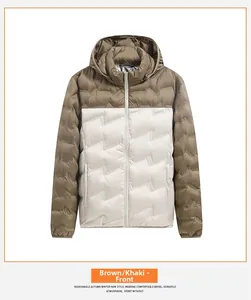Detailansicht der gesteppten Herrenjacke mit Kapuze in Khaki und Cremeweiß-Farbblock