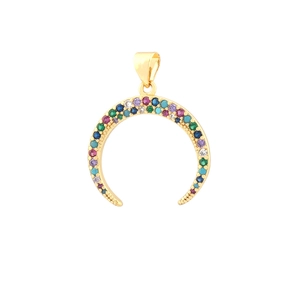 Detail of gold crescent moon pendant with multi-color cubic zirconia gemstone inlay