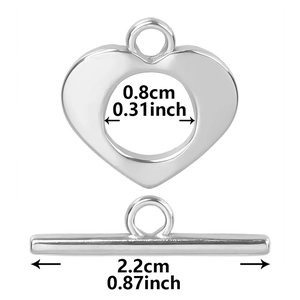 Silver stainless steel heart OT toggle clasp dimensions showing 0.8cm inner diameter