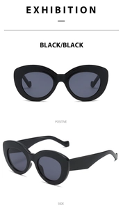 Front and side profile views of black vintage cat-eye sunglasses in a Y2K retro style