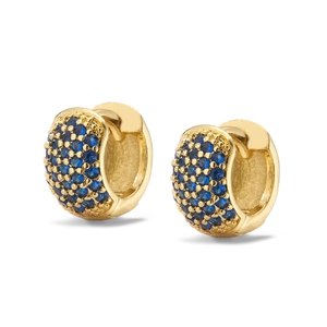 Miniature gold plated huggie earrings featuring micro-pave set deep blue zircons