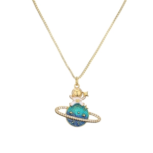 Gold astronaut on blue gradient planet pendant necklace with shimmering zircon accents