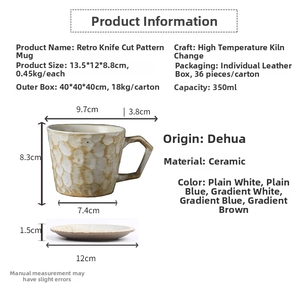 Specifications of the 350ml retro ceramic coffee cup and saucer set with dimensions