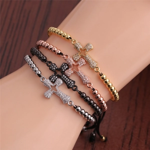 Cross Bracelet Micro Pave Zircon Copper Beads Adjustable Braided Rope Religious Jewelry Trendy Gift Women Men