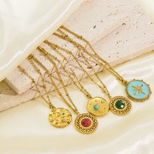 Retro Stainless Steel Natural Stone Pendant Necklace For Women Gold Plated Bohemian Eight Pointed Star Zirconia Inlaid Jewelry Gift