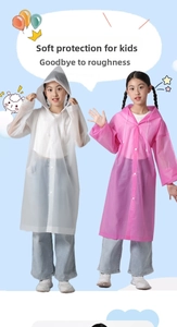 Detail of pink and white translucent EVA kid's raincoats with hood and button closure