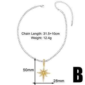 Detailed size specifications for gold star pendant with silver tennis chain and crystal stones