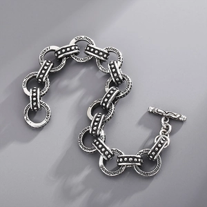 Retro silver titanium steel O-link chain bracelet with toggle clasp and oxidized details