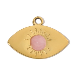 Macro shot of French fan-shaped gold pendant featuring a round pink natural stone inlay