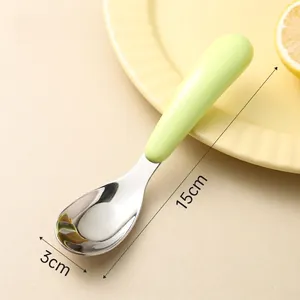 Apple green 316L stainless steel baby training spoon for self-feeding, 15cm length