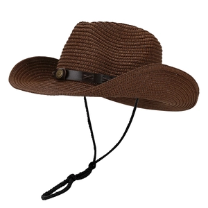 Retro straw cowboy hat with brown leather band and adjustable chin strap for outdoors