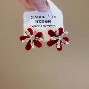Elegant red velvet flower stud earrings with zircon and pearls on 925 silver needles
