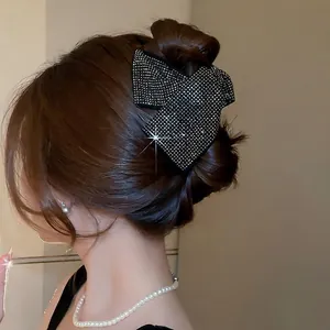 Sparkling rhinestone black bow hair claw clip for elegant women hair styling accessory