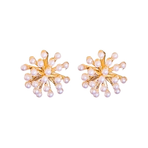 Boucles d'oreilles dorées en forme de feu d'artifice avec perles sur fond blanc pur